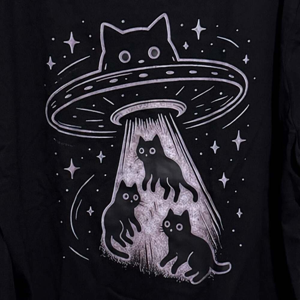 Size 3XL Alien Ship Abducting Black Cats Custom Graphic Unisex T-Shirt